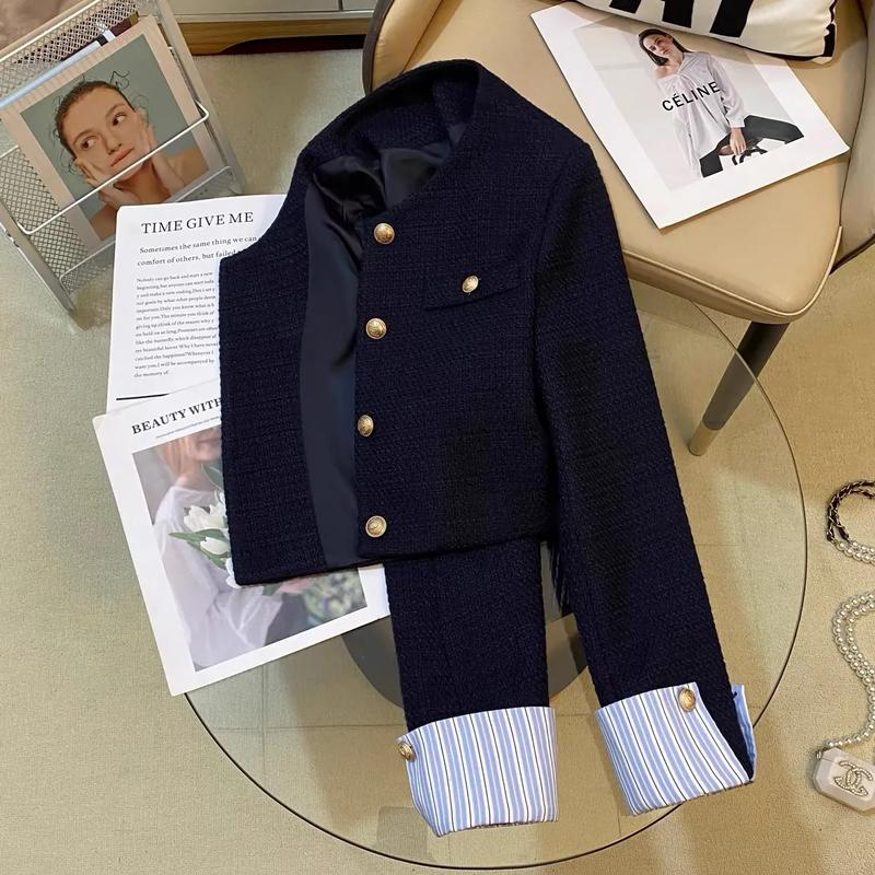 Áo Khoác Vest, Màu Xanh Navy, Dành Cho Nữ, Hàng Mới Về Mùa Thu 2024, Thiết Kế Khâu Thời Trang Pháp, Phong Cách Nữ Thần Thanh Lịch, Áo 2