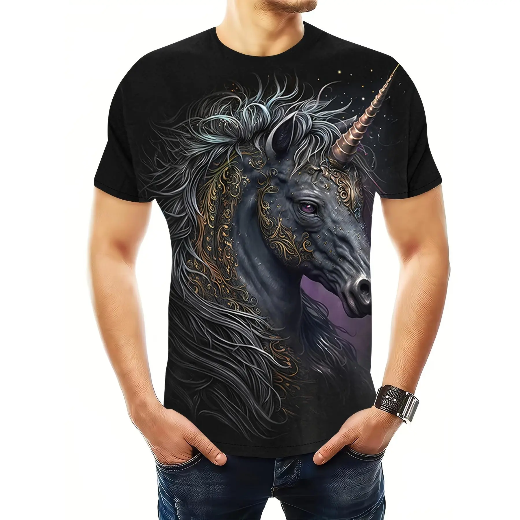 Fashionable Unicorn Patternt 3D Printed T-shirt: Durable, Elastic, Easy To Care for, Suitable for Casual or Vacation Summer Wear