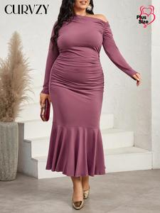 CURVZY Plus Size Plain Ruched Asymmetrical Neck Dress, Elegant Long Sleeve Dress for Party Holiday Wedding Guest, Women's Clothes for All Seasons