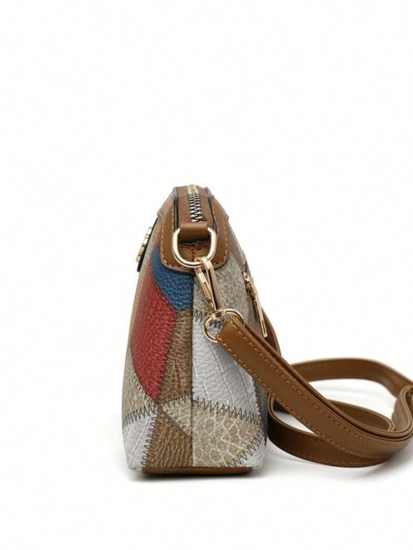 Geometric Argyle Pattern Zipper Purse Crossbody Bag, Vintage Colorblock Adjustable Bag, Versatile Fashion Women's Bag for Everyday Use 8