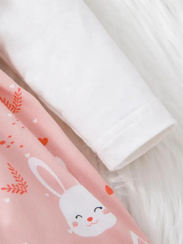 Baby's 2 In 1 Cartoon Rabbit Print Ruffle Trim Long Sleeve Dress, Cute Bow Front Round Neck A Line Dress for Baby Girls, Newborn Infant Kids Spring & Fall Clothes 3