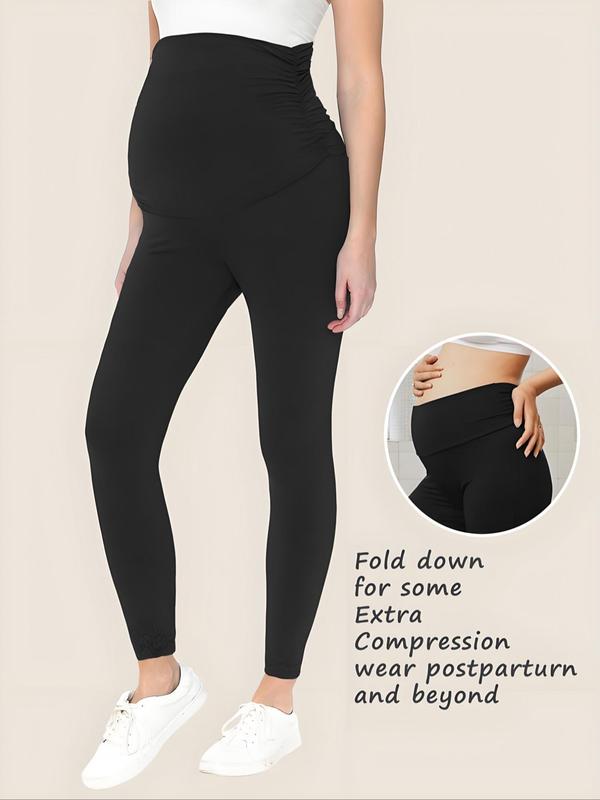 Maternity Solid Color Ruched High Waist Maternity Leggings, Casual Comfy Breathable Skinny Pants for Pregnancy & Postpartum, Maternity Bottoms for Fall & Winter 6