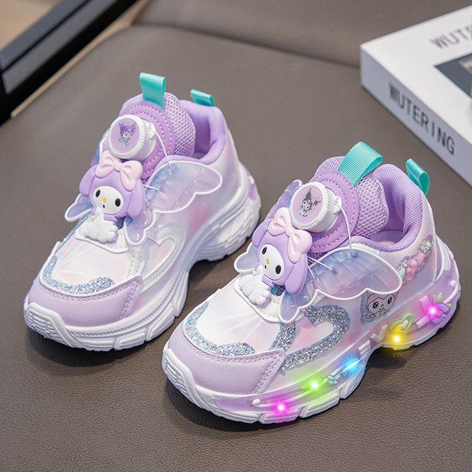 Product Introduction of Girls'shoes Children Sneaker Girls Mesh Shoes Breathable Kids'sport Shoes Rotating Button Sneaker Princess Light up Girl Glowing Leather Shoes 4