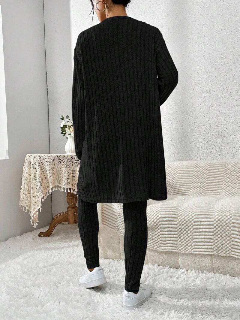 Product Introduction of 【Plus Size】 Three-Piece Set Solid Color Set, Casual Fashion Drop Shoulder Open Front Outerwear & Drawstring Waist Pants & Tank Top Set for Daily Outdoor Wear, Co-ord Sets, Women's Lounge Clothing for Fall & Winter 4