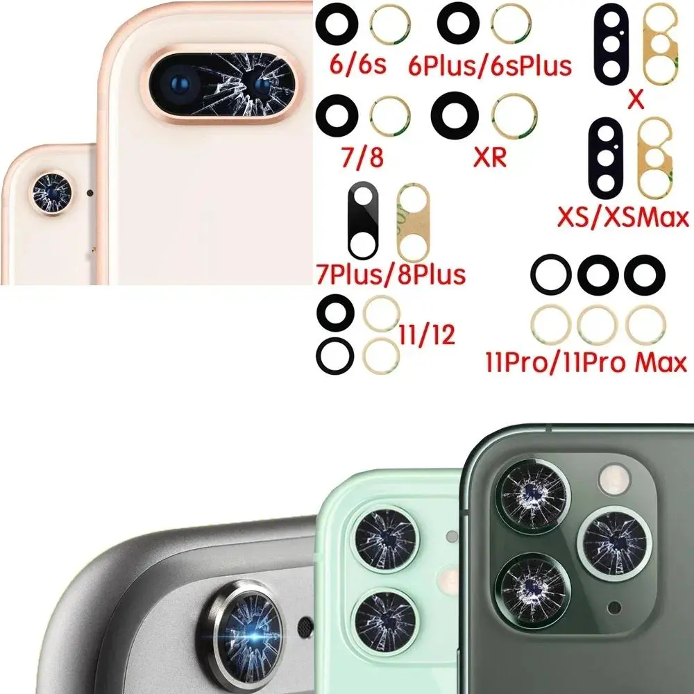 Kính camera sau, với chất kết dính, dành cho iPhone 7, 7P, 8 Plus, X, XR, XS, 11, 12, 13, Mini, Pro và Max, thay thế Phụ Kiện