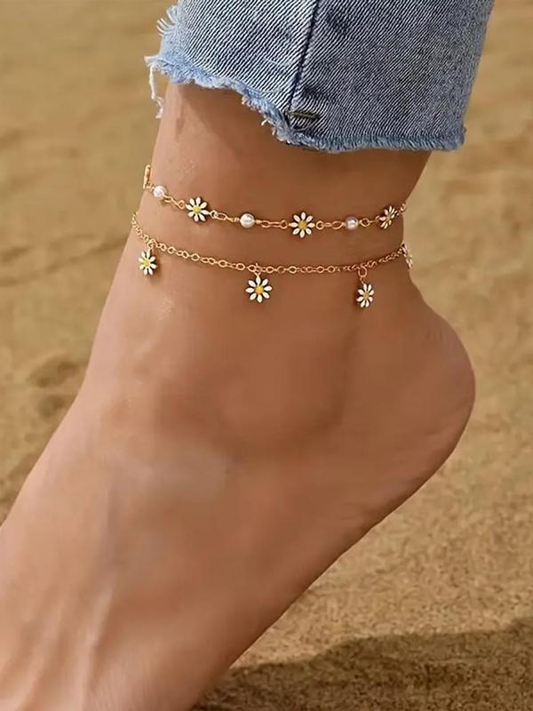 Women's Elegant Flower Design Anklet (1 Set), Fashionable and Elegant Small Daisy Anklet for Beach Party Vacation, Trendy All-match Jewelry for Women 0