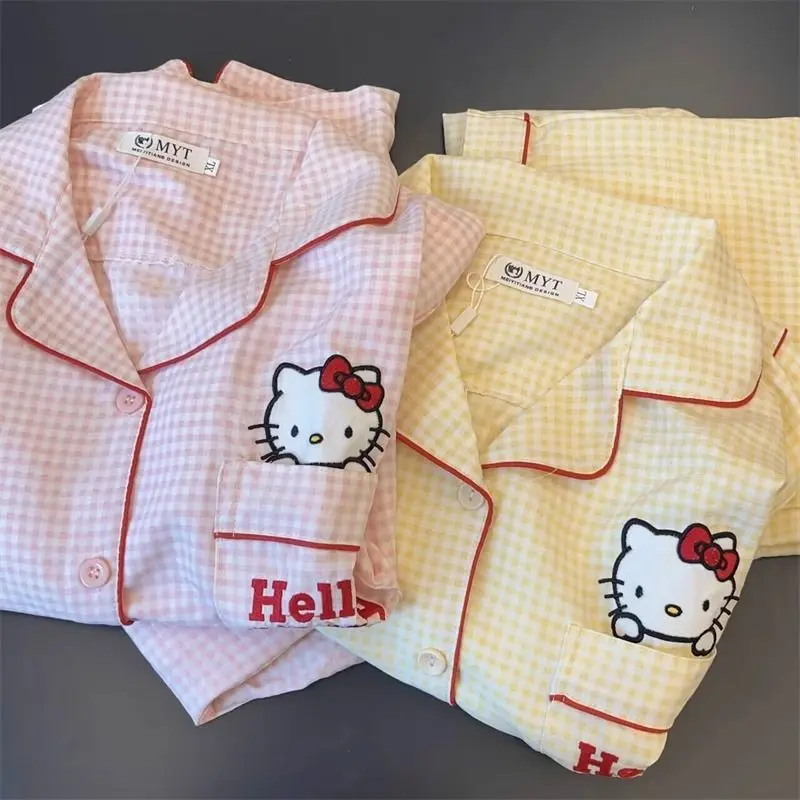 Bộ Đồ Ngủ Hello Kitty, Phong Cách Hàn Quốc, Dễ Thương, Dành Cho Nữ, Bộ Quần Dài Áo Dài Tay Và Quần Dài, Bộ Đồ Mặc Ở Nhà Kẻ Sọc Đơn Giản Nhật Bản, Thích Hợp Cho Mùa Xuân Và Mùa Hè 1