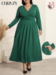 CURVZY Plus Size Solid Ruched Wrap V Neck A Line Dress, Elegant Long Sleeve Pocket Dress for Spring & Fall, Women's Clothes for Daily Wear, Summer Dresses 2025