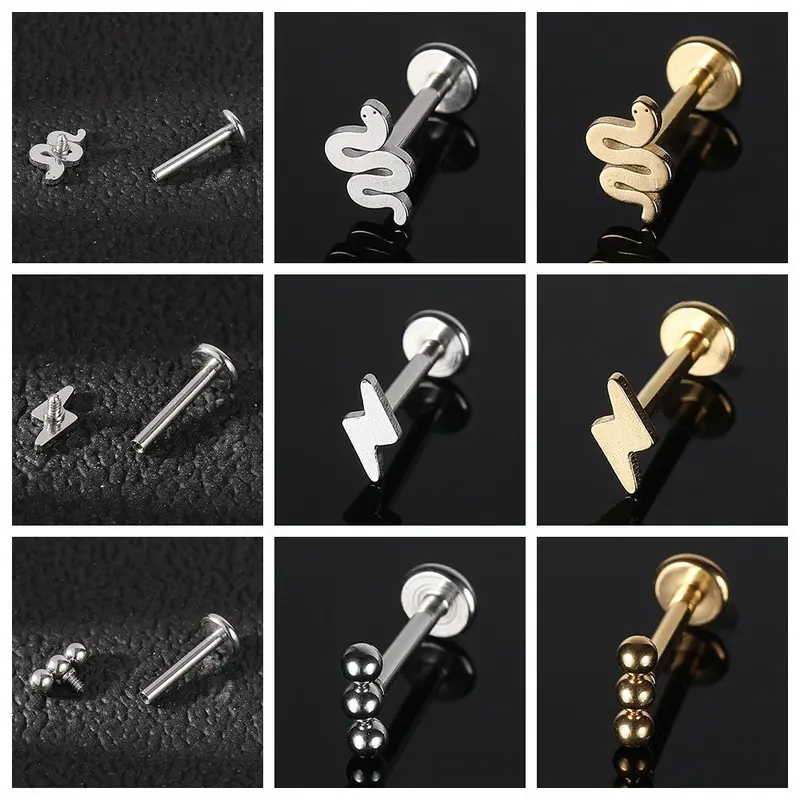 1Pc Stainless Steel Lip Piercings Love Shape Labret Piercings Geometric Crystal Stud Earrings Internal Spiral Labret Piercings 4