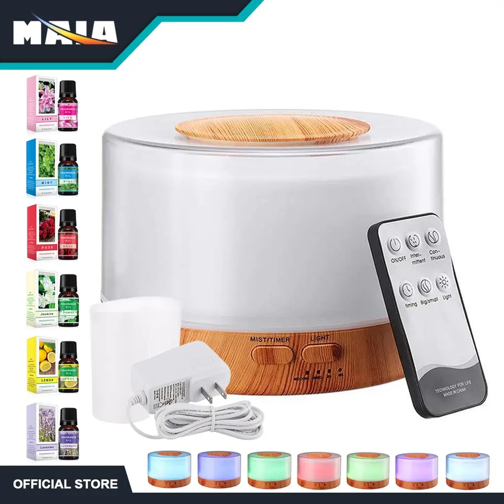 MAIA 500ML Ultrasonic Air Aroma Humidifier Timing 7 Color Light Remote Control with 1PC Oil