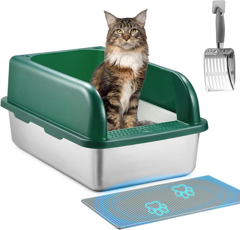 TikTok Shop Stainless Steel Cat Litter Box with Lid Extra Large Metal Litter Box for Big Cats XXL High Sides Enclosure Cat Litter Box with Anti Urine Leakage Easy Clean Free Litter Scoop