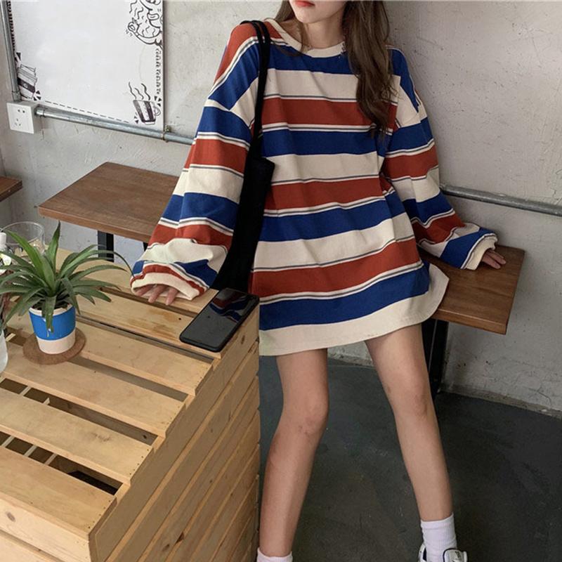 Áo Thun Dài Tay Cho Nữ, Dáng Rộng, Cổ Tròn, Thường Ngày, Retro, Sọc Dễ Phối Đồ, Thời Trang Dạo Phố, Áo Rộng Để Mặc Hàng Ngày	 2