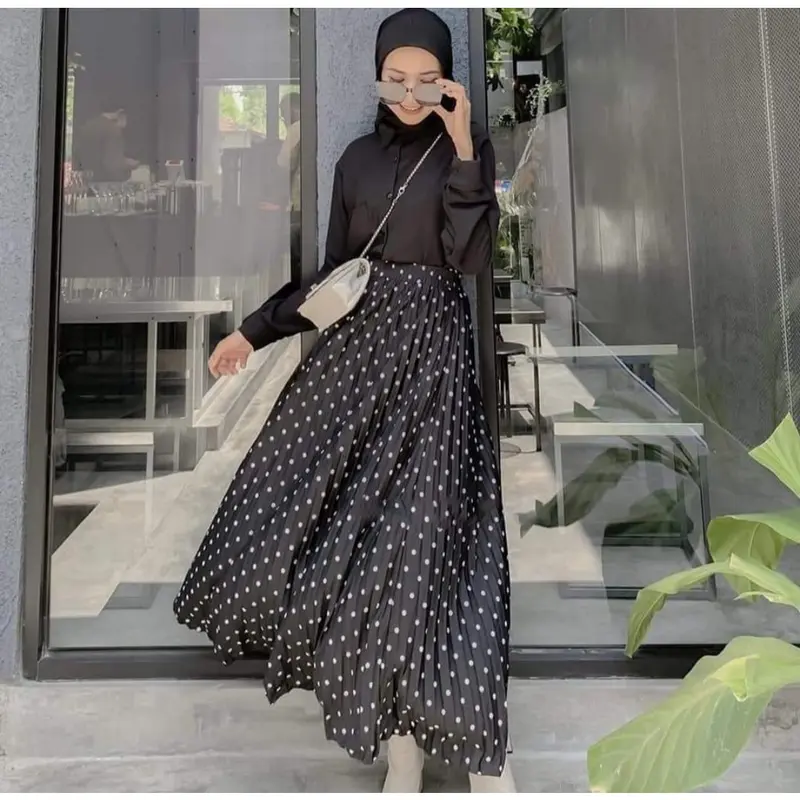 ROK PLISKET MOTIF POLKADOT 7/8 PREMIUM Bawahan Muslimah Rok Plisket Panjang Motif Wanita Terbaru | MOKAT STORE 5