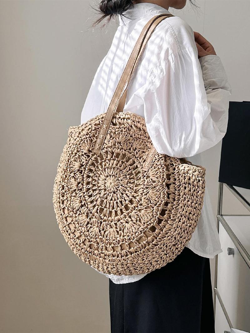 Product Introduction of Women's Solid Color Straw Bag, Fashionable Large Capacity Shoulder Bag for Daily Used, Casual Trendy Versatile High-quality Daily Commuting Bag 4