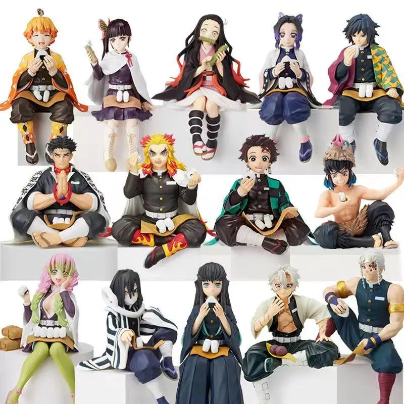 Demon Slayer Anime Sitting position eat rice PVC Model Rengoku Kanroji Mitsuri Giyu Kamado Nezuko Figure Doll Ghost Killing Blade Rice 9-15CM