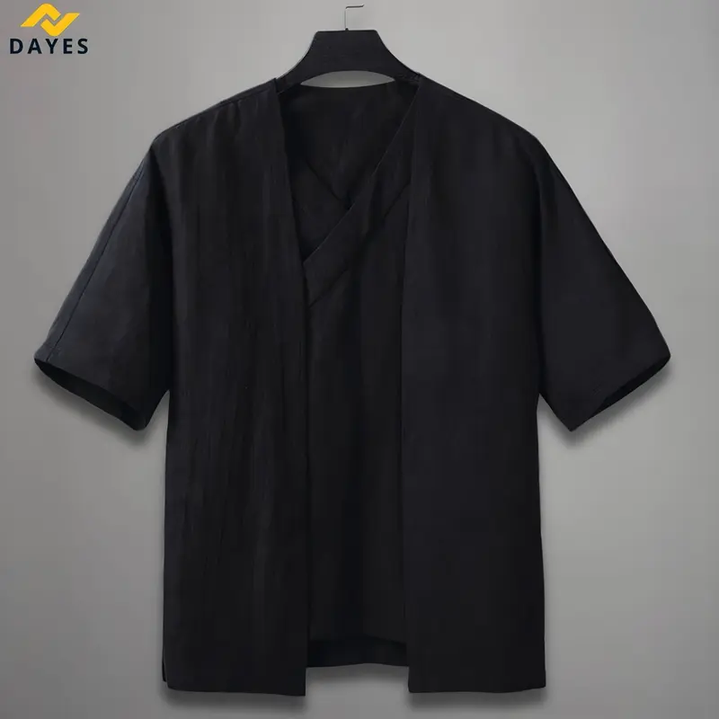 Dayes Kobe Shirt Kemeja Pria | Hakama | Pakaian Jepang Pria Men's Cotton Linen Baju   Kain Khaki Navy Panjang Tangan Casual Hitam 3