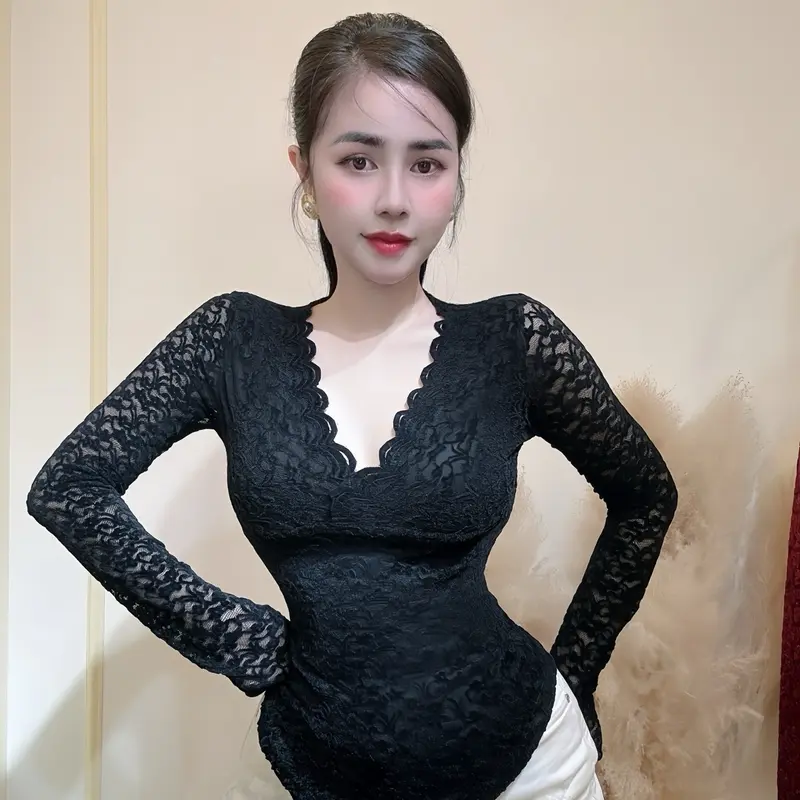 Áo Ren Nữ Tay Dài Đuôi Tôm Vạt Bầu Co Giãn  D4 2