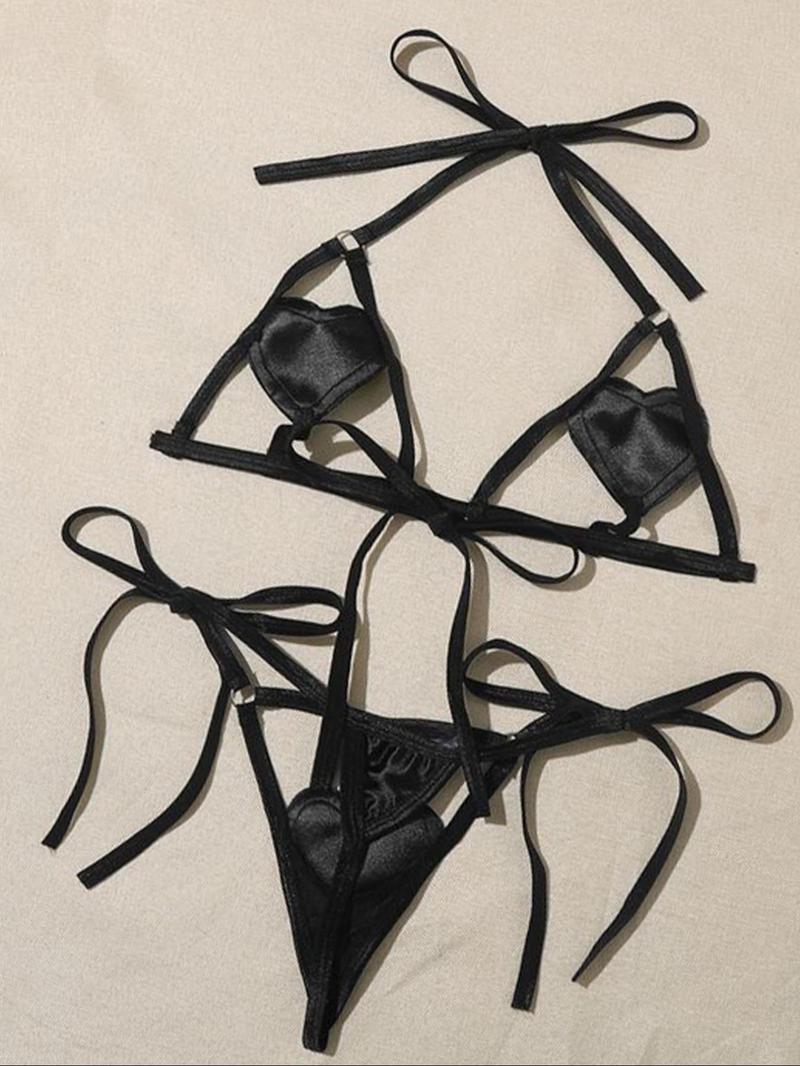 Product Introduction of Women's Heart Design Cut Out Ring Linked Sexy Lingerie Set, Chic Sexy Halter Neck Tie Back Bra & Tie Side Thong Set, Ladies Underwear Set for Indoor Wear 13