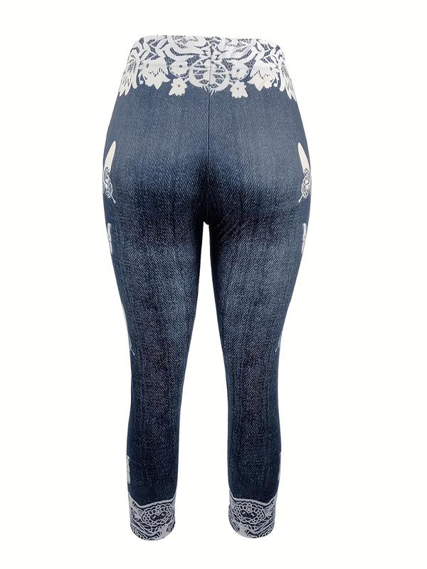 Women's Butterfly & Denim-Effect Print Elastic Waist Capri Leggings, Casual Comfy High Waist Skinny Pants for Daily Wear, Ladies Summer Bottoms 4