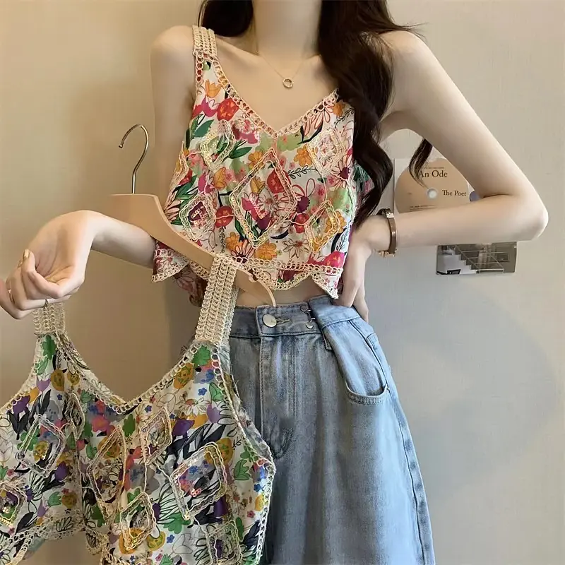 Áo Yếm Hoa, Phong Cách Cổ Điển Mùa Hè, Dành Cho Nữ, Cổ Chữ V, Không Tay, Thêu khoét Áo Ba Lỗ