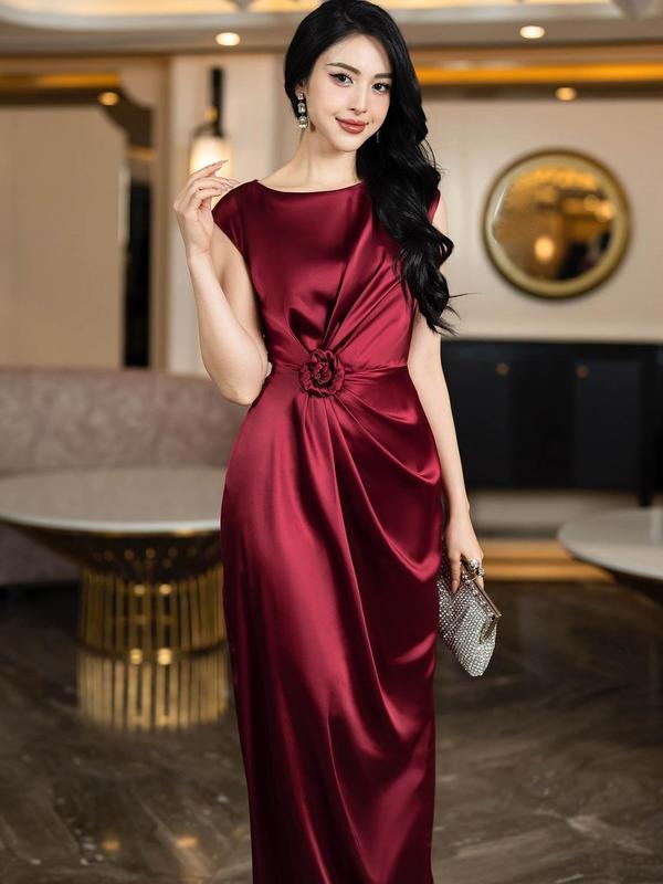 GUCO - Đầm Dạ Hội Xếp Ly Eo Kết Hoa Đỏ D10043 Nữ Dress