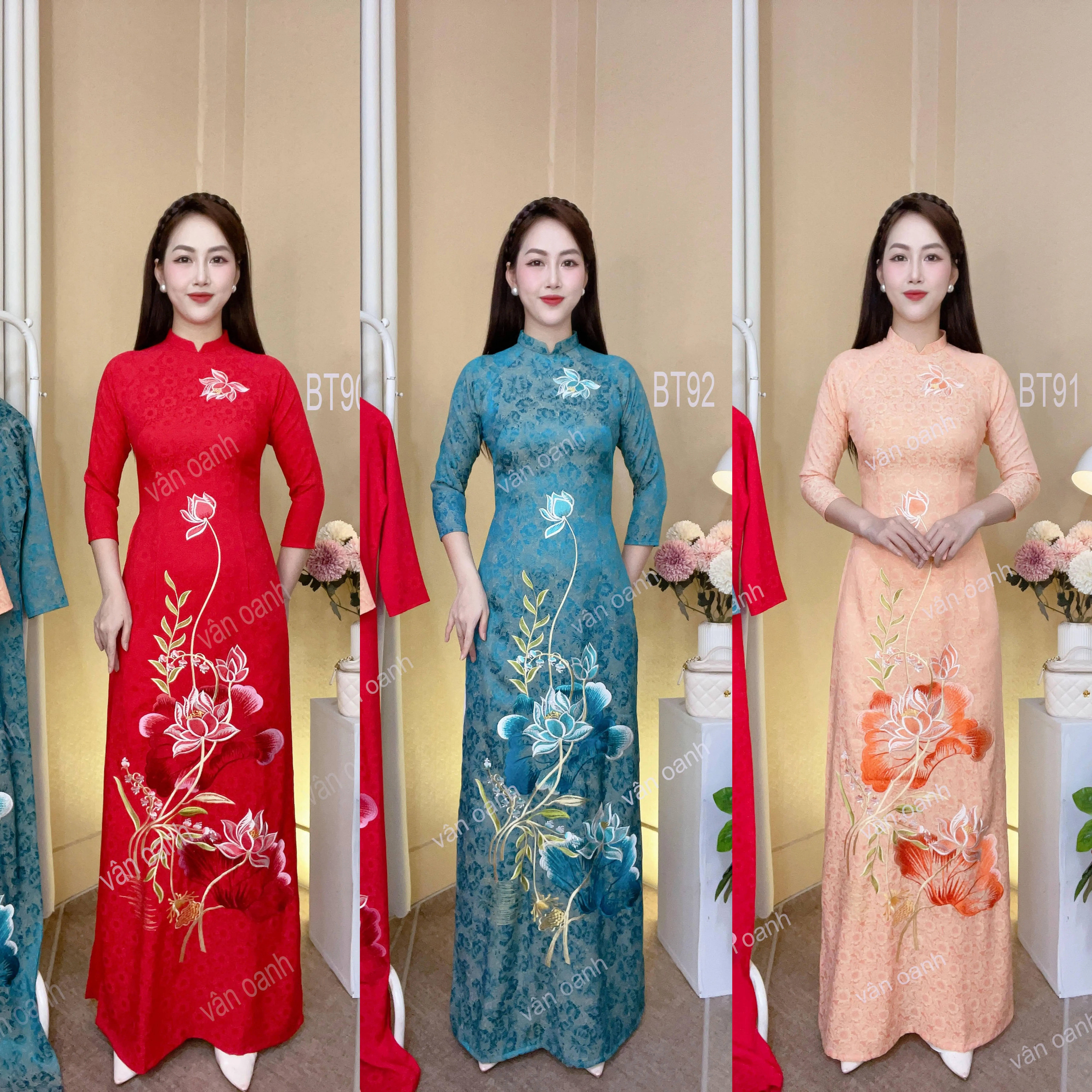 áo dài thêu trên chất liệu gấm đẹp sezi đến 76kg