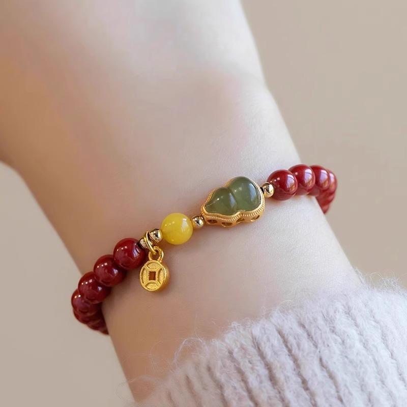 Product Introduction of Vòng Tay Chu Sa, Cao Cấp, Dành Cho Nữ, Làm Bằng Đá Tự Nhiên, Thiết Kế Hình Quả Bầu, Dát Vàng, Dát Ngọc Bích, Phong Cách Cổ Trang, Vòng Tay Năm Sinh Đính Cườm Fu Lu 3