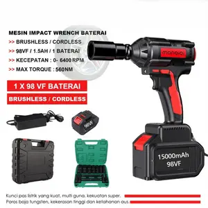 MONQIQI  15000mAh 98V Impact Wrench Brushless Baterai Bor Air Impact Wrench Kit Bor Baterai Kayu Beton Kunci Pas (Pengisi Daya Baterai Plus Kotak Plastik) torsi