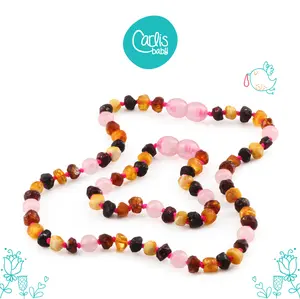 AG60-A Kalung dan Gelang Amber Tumbuh Gigi Bayi dengan Rose Quartz Carlis Baby