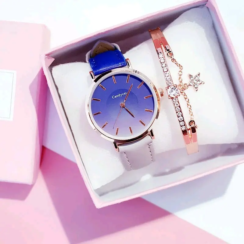 Free Box | Jam Tangan Wanita Analog Strap Pu Bulat Gradasi Candy 1