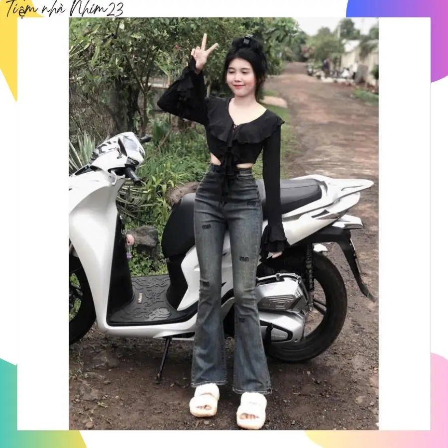 Quần jeans nữ ống loe màu bụi MIN đen cạp cao chất bò demin mịn đẹp - Pants, Ong, Women