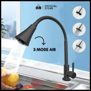 Kran Angsa Fleksibel Wastafel Cuci Piring 1/2" Drat Bawah 3 Mode / Kran Sink Dapur Fleksible Hitam Silver