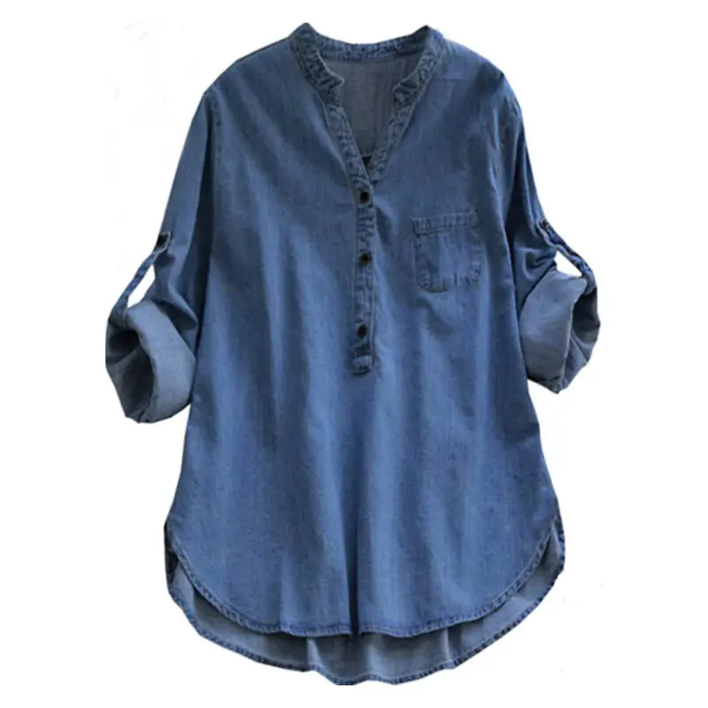 Gonpiny-Áo Sơ Mi Denim Màu Trơn Cho Nữ, Cổ Đứng Nhỏ, Nút Cổ Chữ V, Đường Viền Cổ Áo, Dài Tay, Dáng Rộng, Vừa Vặn, Áo, Thời Trang Dạo Phố 4
