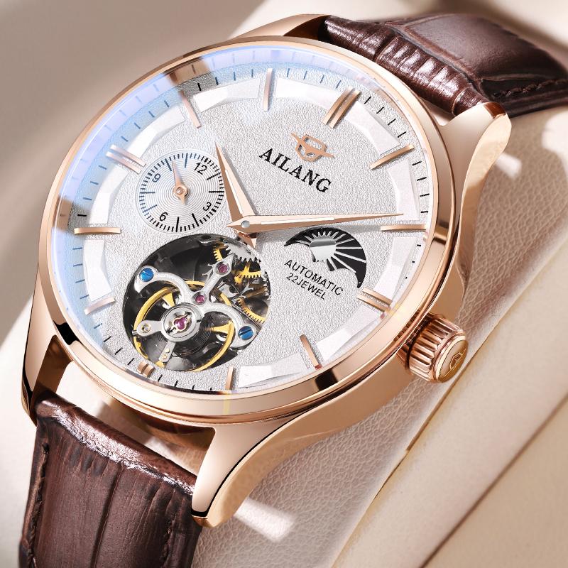 Đồng Hồ Nam, AILANG, Chính Hãng, Không Thấm Nước, Kim Dạ Quang, Thiết Kế Trăng Và Mặt Trời, Phong Cách Cổ Điển Tinh Tế Đồng Hồ Cơ, AL8607G-B, Thích Hợp Cho Trang Phục Công Sở Thường Ngày
