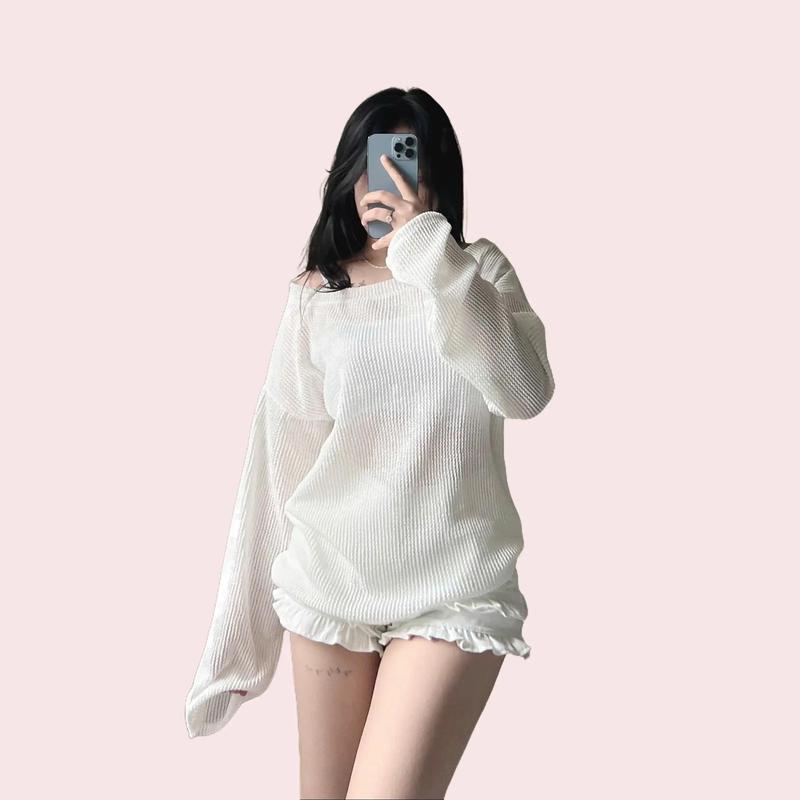 BARE_Set áo trễ vai lưới tay dài form rộng kèm áo hai dây trong- A368 Nữ Top Women Voi Kem Thun Voan Jean Sơ Mi