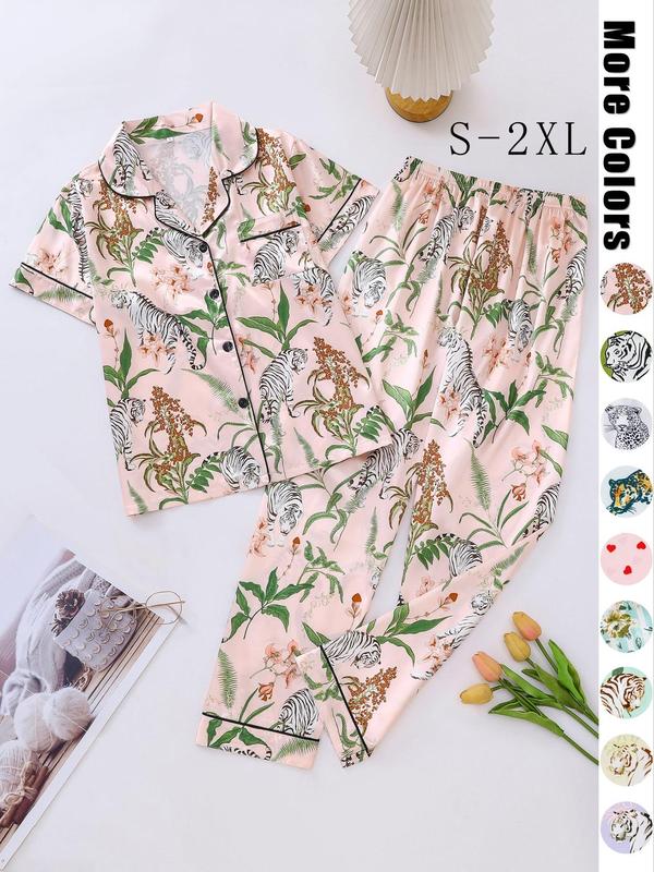Two Counts Women's Lapel Shirt & Elastic Waist Pants Pyjamas Set, Pj Sets for Women, Casual Button Front Top & Trousers Loungewear Set, Pyjamas for Women, Lounge Set, Ladies Sleepwear for Summer, Hide Tummy Wear Uk, Pajamas, Womenswear 0