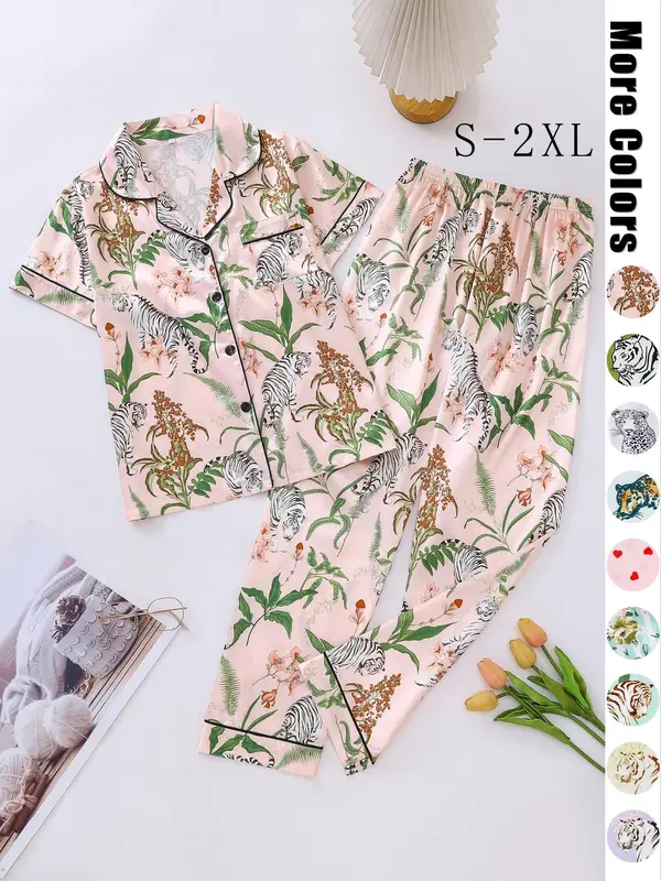 Two Counts Women's Lapel Shirt & Elastic Waist Pants Pyjamas Set, Pj Sets for Women, Casual Button Front Top & Trousers Loungewear Set, Pyjamas for Women, Lounge Set, Ladies Sleepwear for Summer, Hide Tummy Wear Uk, Pajamas, Womenswear, Clothes for Women 0