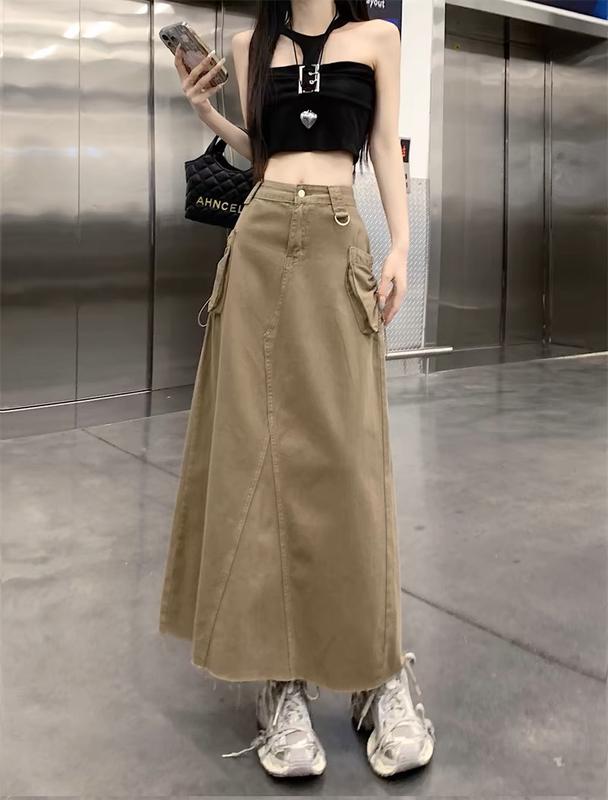 Chân váy jean kaki dáng dài chân váy chữ A xẻ sau cá tính c53