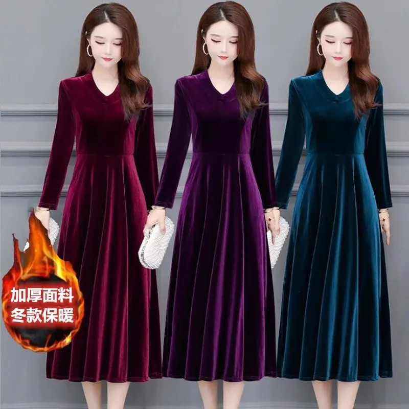 Váy Thời Trang, Cao Cấp, Nhung Vàng Cổ Chữ V, Ngoại Cỡ, Thích Hợp Cho Mùa Xuân, Mùa Thu Và Mùa Đông, Giấu Eo, Thể Hiện Thanh Lịch, Váy Dài, Dành Cho Phụ Nữ, Có Đế
