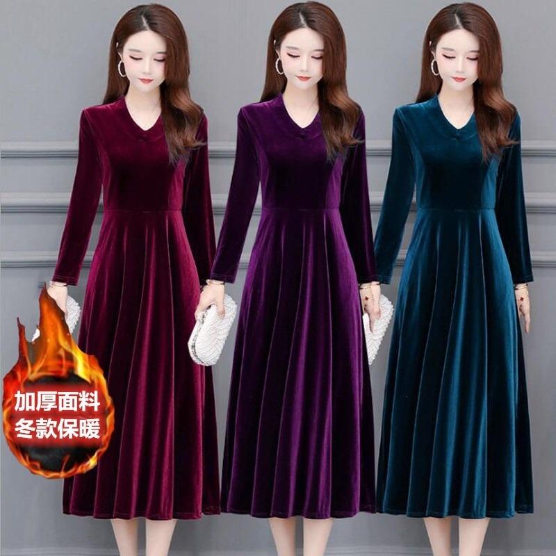 Váy Thời Trang, Hàng Mới Về Cho Mùa Xuân, Mùa Thu Và Mùa Đông, Nhung Vàng Cao Cấp Cổ Chữ V, Ngoại Cỡ, Cơ Sở Giấu Bụng, Váy Dài Thanh Lịch, Dành Cho Nữ 0