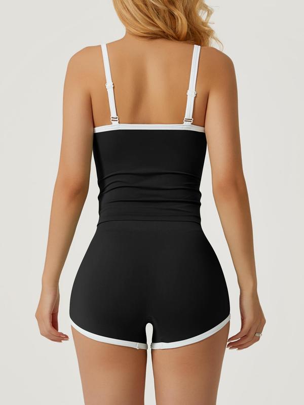 Women's Contrast Binding Cami Top & High Waist Shorts Loungewear Two-piece Set, Casual Comfy Cami Top & Shorts Pj Set, Ladies Summer Sleepwear 8