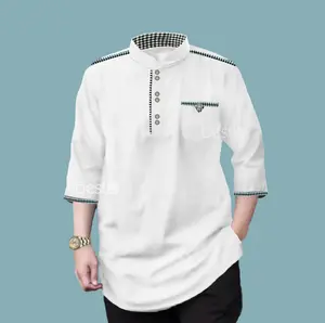 Baju Koko Yusuf Busana Pria Dewasa Lengan 3/4 Atasan Muslim Katun Toyobo M L XL XXL Kancing Panjang Kurta  Hitam  Lembut Putih