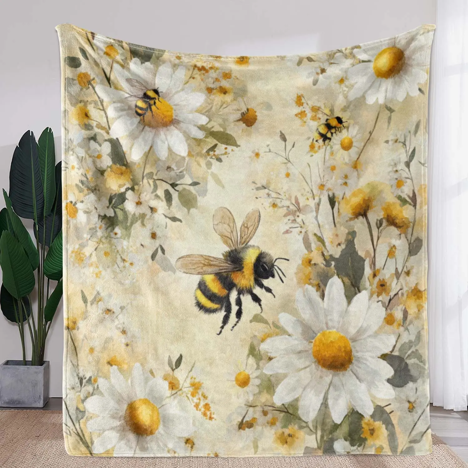 Honey Bee & Flower Pattern Blanket, Soft Warm Throw Blanket, Air-conditioned Room Blanket, Warm Nap Blanket for Home & Office & Travel