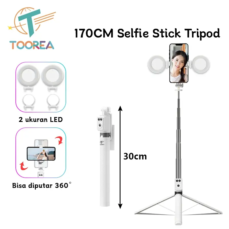 TOOREA Tongsis Tripod Selfie Stick Besar Bluetooth 7 Tombol Bluetooth Selfie Stick Remote with LED Besar Rotate Tripod HP Holder Tripod Portable