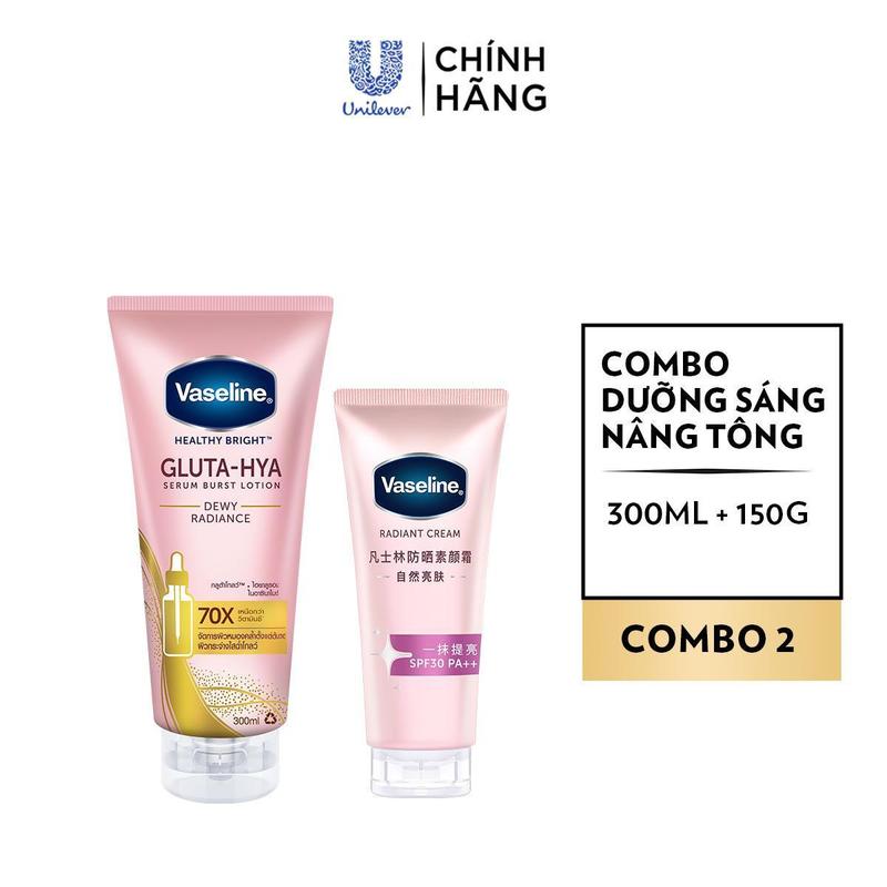   4  Combo Kem dưỡng sáng da nâng tông tức thì Vaseline Radiant Cream SPF30 PA++ và Vaseline Gluta-Hya Dewy Radiance 