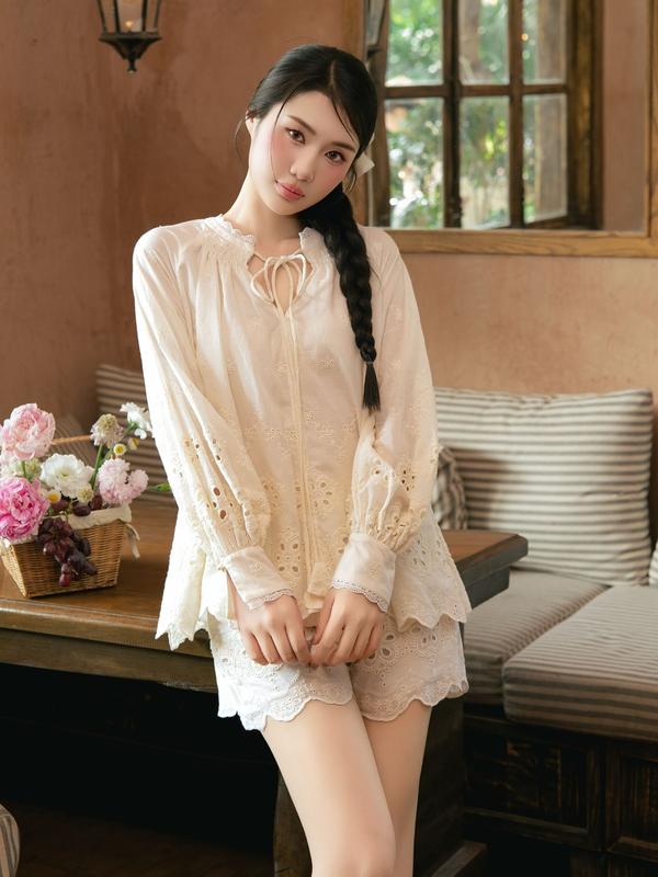 JOVEN Set Nữ Nadia Áo Sơ Mi Form Rộng Tay Phồng Short Lưng Thun