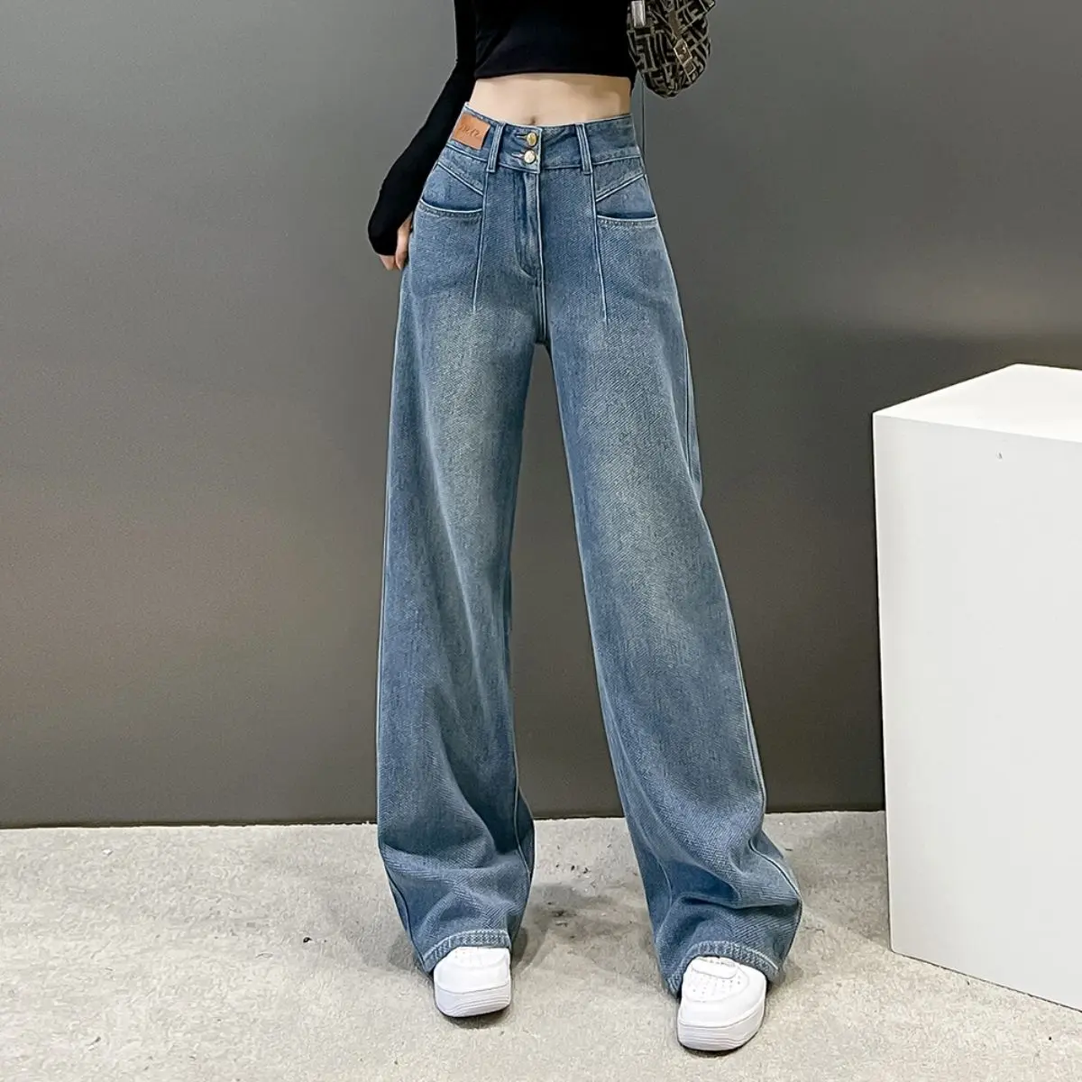 Quần Denim, Cạp Cao, Ống Rộng Thẳng, Dành Cho Nữ, Hàng Mới Về Mùa Thu, Dáng Rộng Rãi Và Bó Sát, Hình Quả Lê, Thiết Kế Đẹp