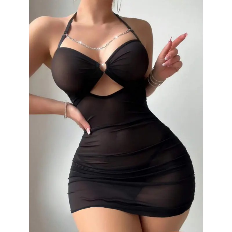 Women's sexy lingerie set, see-through ring chain halter top, charming mesh dress paired with a G-string thong, elegant two-piece set combination. 7