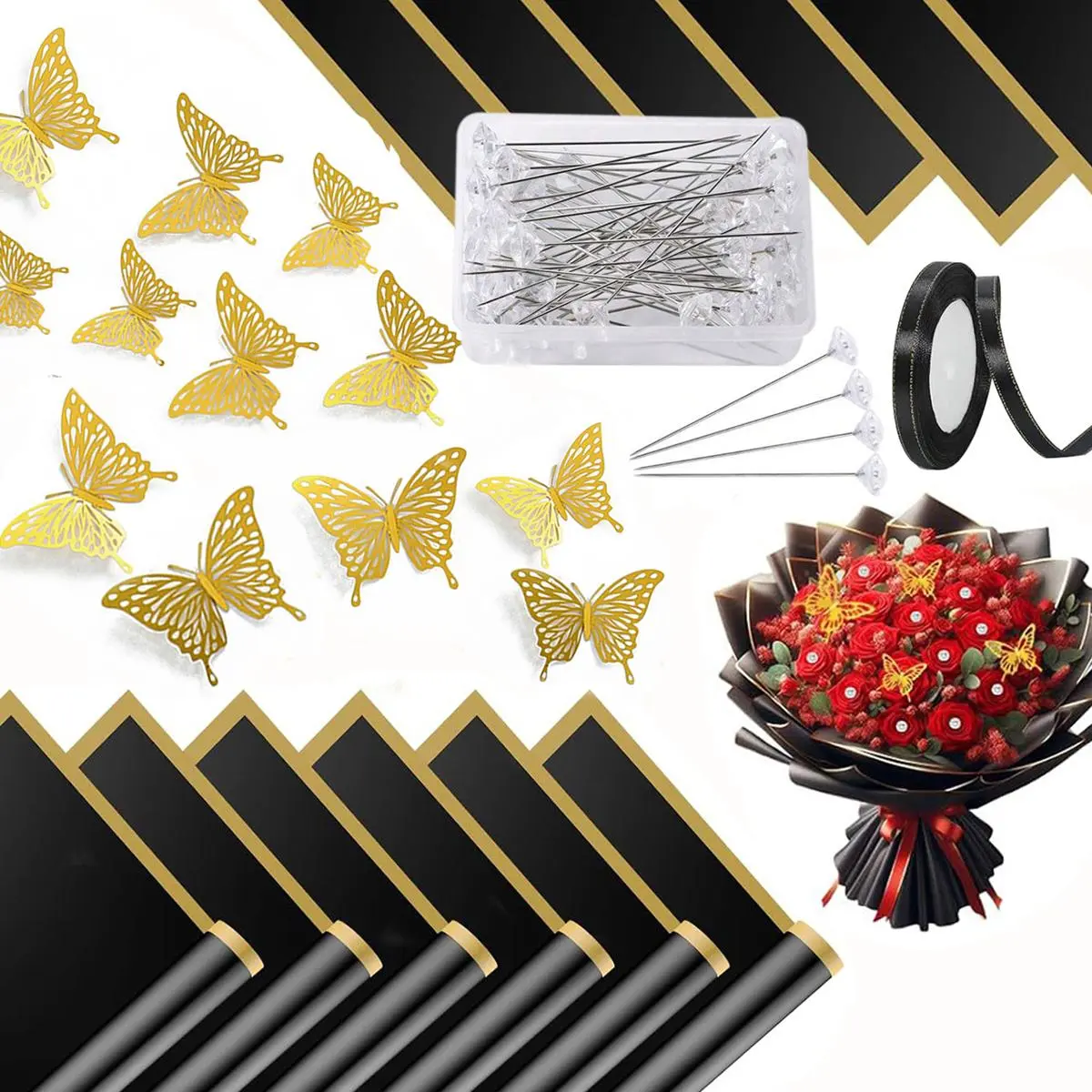 Flower Bouquet Wrapping Kit, 145pcs/set Including 100pcs Crystal Rhinestone Decorative Head Pins & 20pcs Gold Edge Roll Paper & 24pcs 3D Butterfly Shape Paper & 1 Roll Ribbon, Valentine's Day Gift Idea