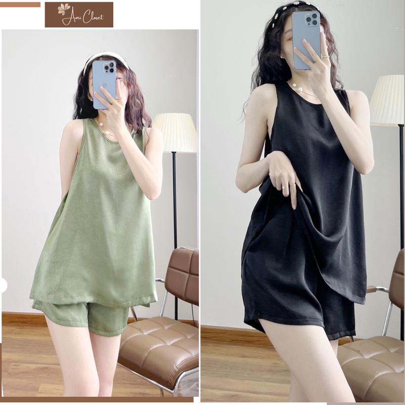 Bộ đồ ba lỗ sát nách lụa cao cấp, rộng rãi dùng để mặc nhà,đi chơi dễ thương, thoải mái B14 Áo Thun Nữ Nhung pijama _ dobo tay Women